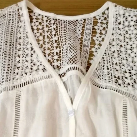 07 Boho White Floral Crochet Lace Button Down Top - Picture 9 of 9